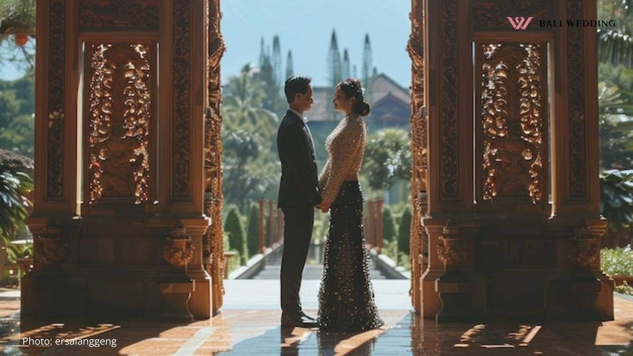 A couple stands hand-in-hand in a traditional Balinese temple, framed by intricately carved wooden gates. The lush garden and tropical trees in the background add to the serene atmosphere.