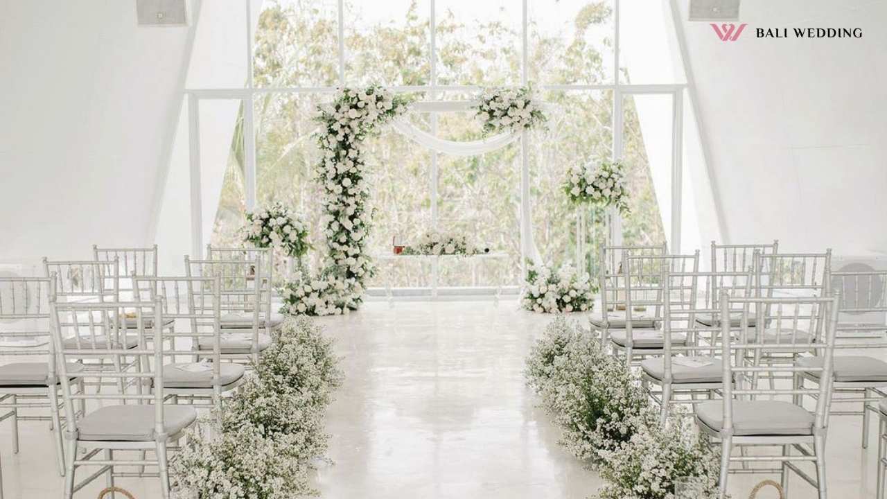 Elegant wedding chapel white floral decorations bali