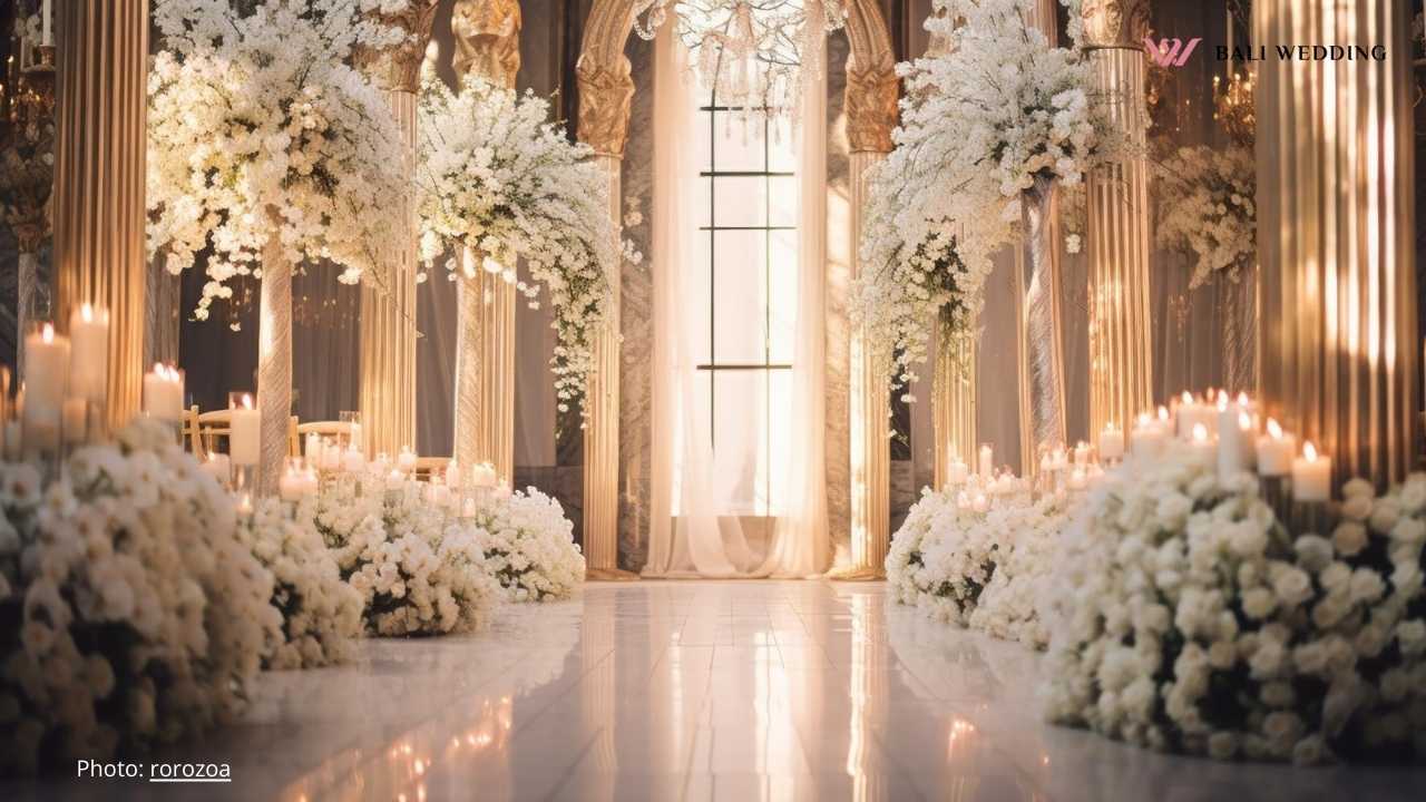 Luxurious wedding decor white flowers candles bali