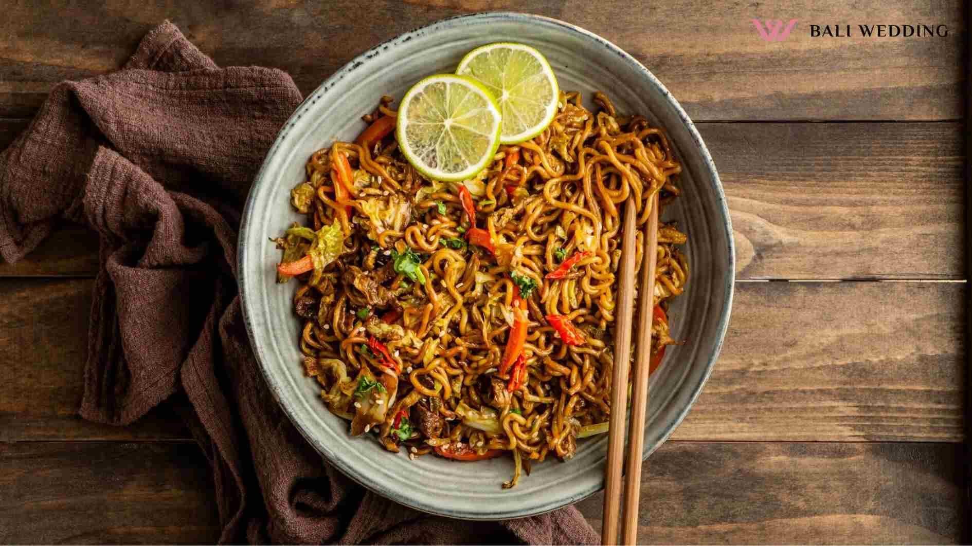 Flat lay tasty composition of noodles on a table