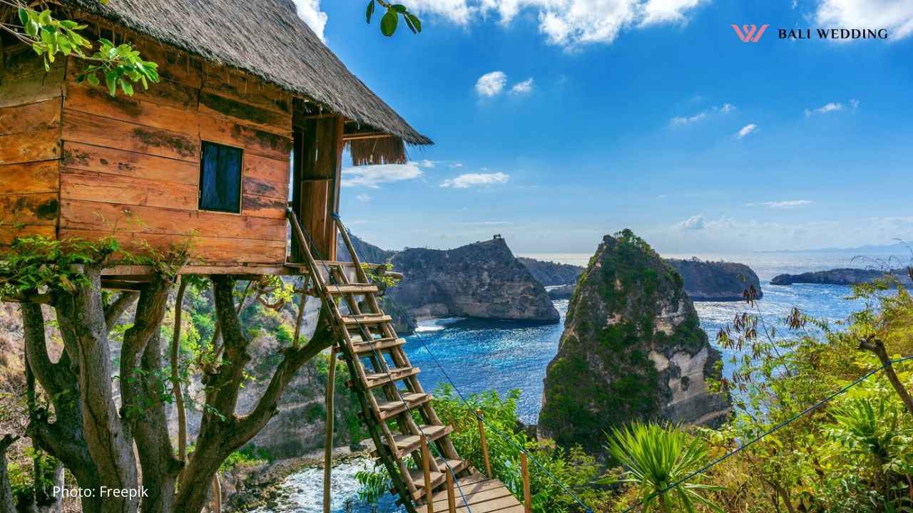 Tree house and Diamond beach in Nusa penida island, Bali in Indonesia