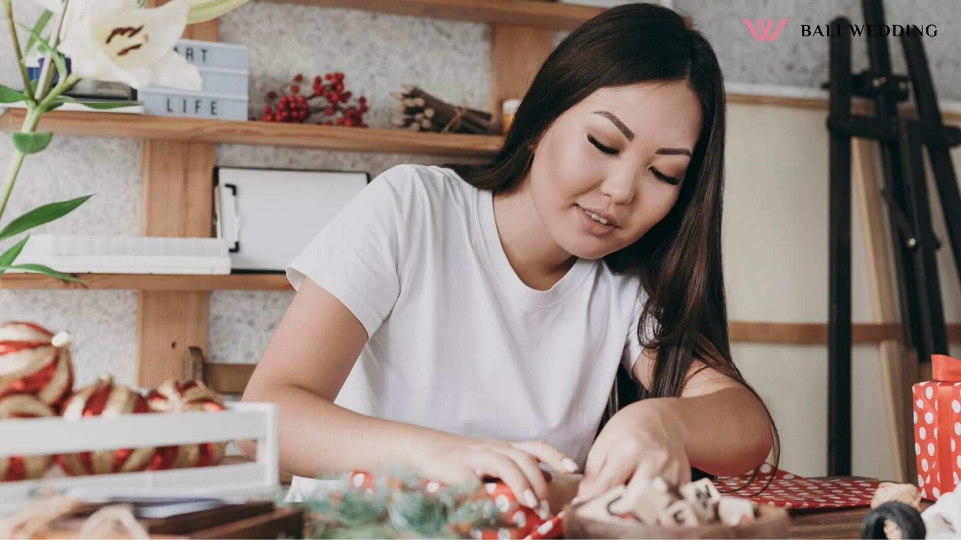 Medium shot woman wrapping paper at home