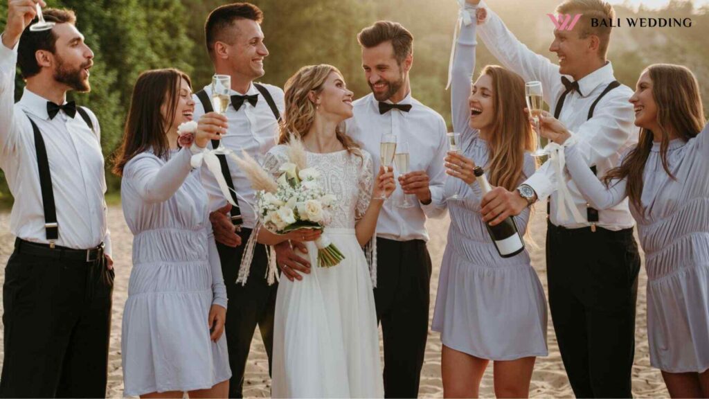 People celebrating a wedding on the beach